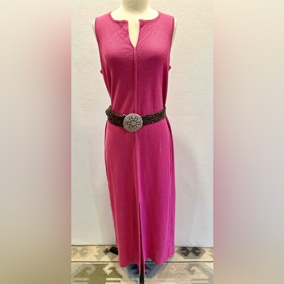 Double D Ranch Linen Blend Fuchsia Sleeveless Maxi Dress Stretch Slit Large - Picture 1 of 11